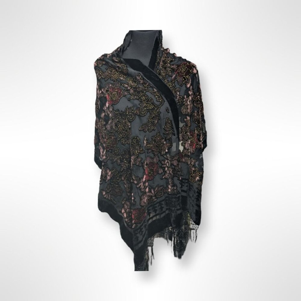 Beautiful Floral Black, Gold, Red, and Pink Italian Scarf From Italy Silk and Co